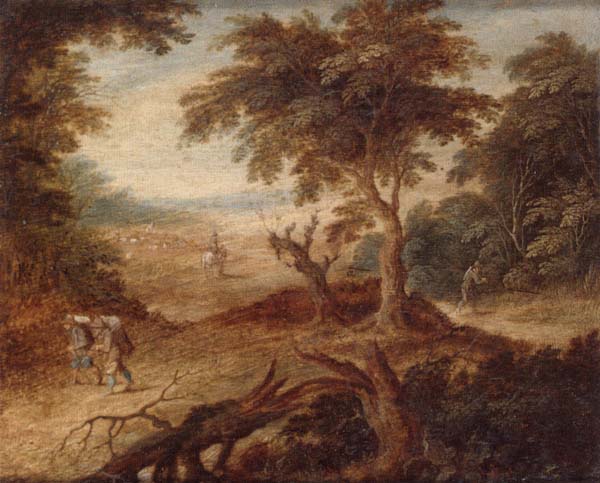 A wooded landscape with travellers and a horseman on a track